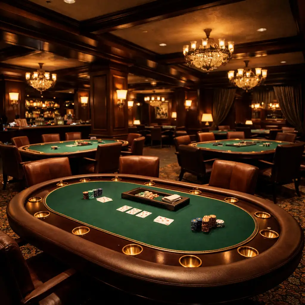 Wide-angle view of the luxurious card room with multiple poker tables, warm ambient lighting, and brass accents