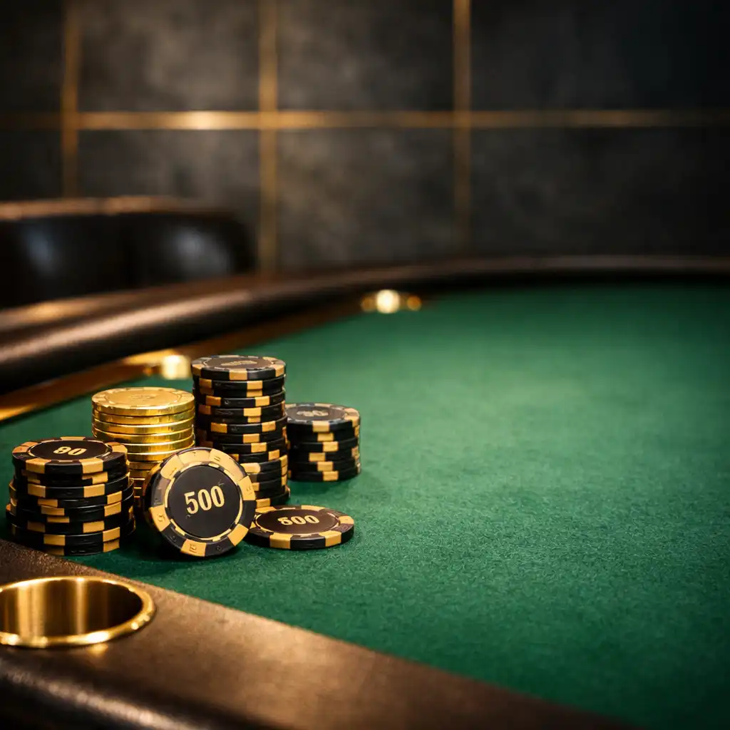 Professional poker table with green felt, brass cup holders, and neatly stacked tournament chips