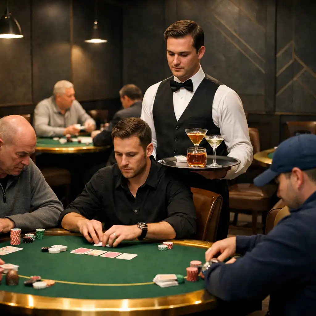 Elegant poker card room interior featuring multiple felt green tables with brass trim and soft overhead lighting