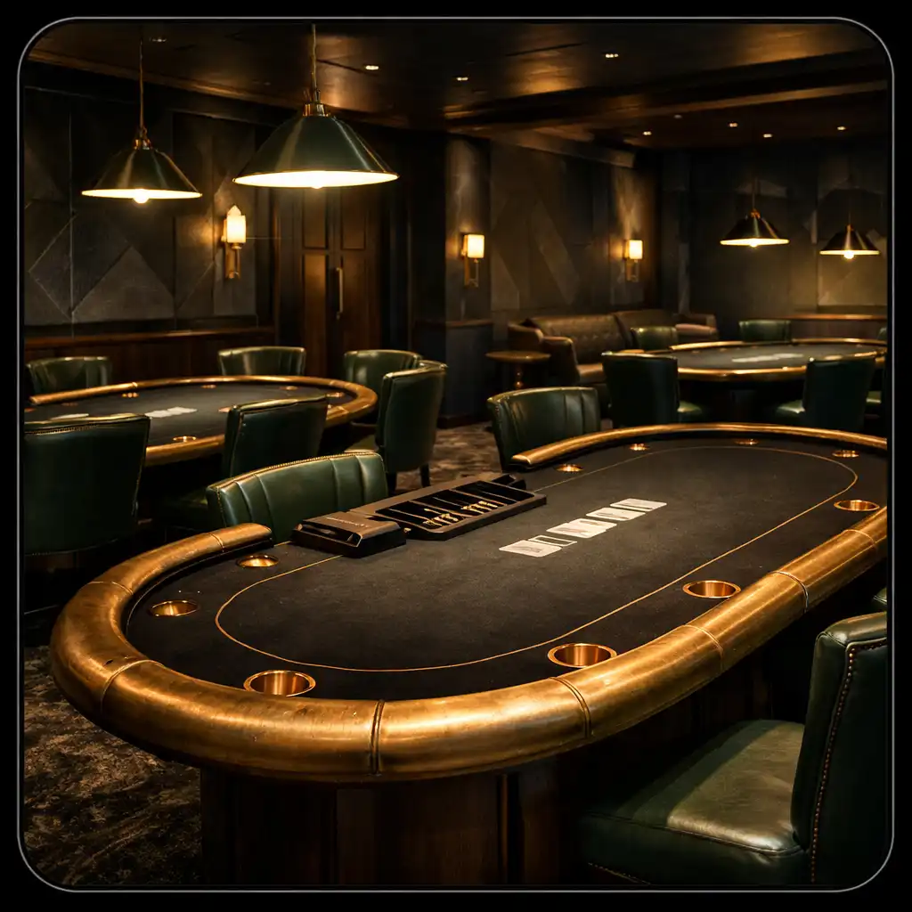Multiple custom-built poker tables with dark felt surfaces and brass gold railings inside the card room