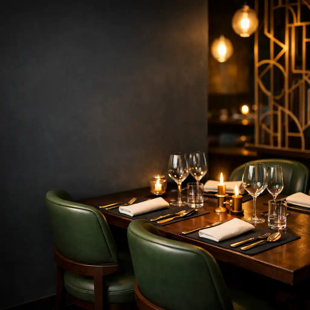 Elegant dining area with dark wood tables, brass cutlery, and felt green leather chairs