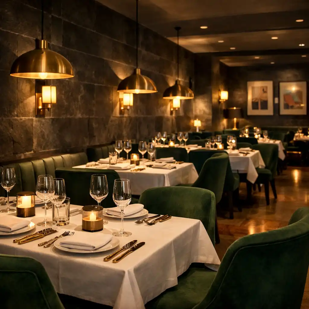 Elegant dining area with dark slate walls, brass light fixtures, and felt green chairs
