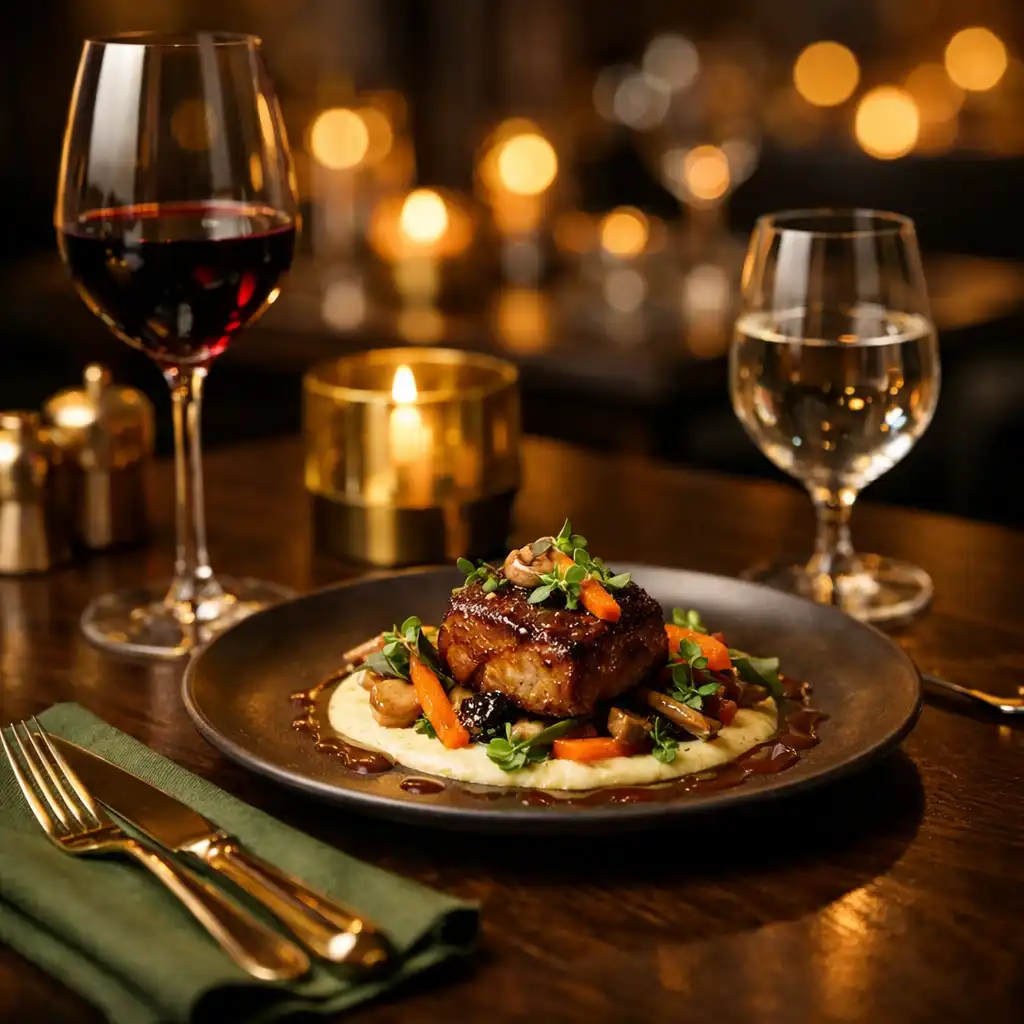 Elegant dining setup with a plated gourmet dish, wine glasses, and soft ambient lighting at Experto Card Lounge
