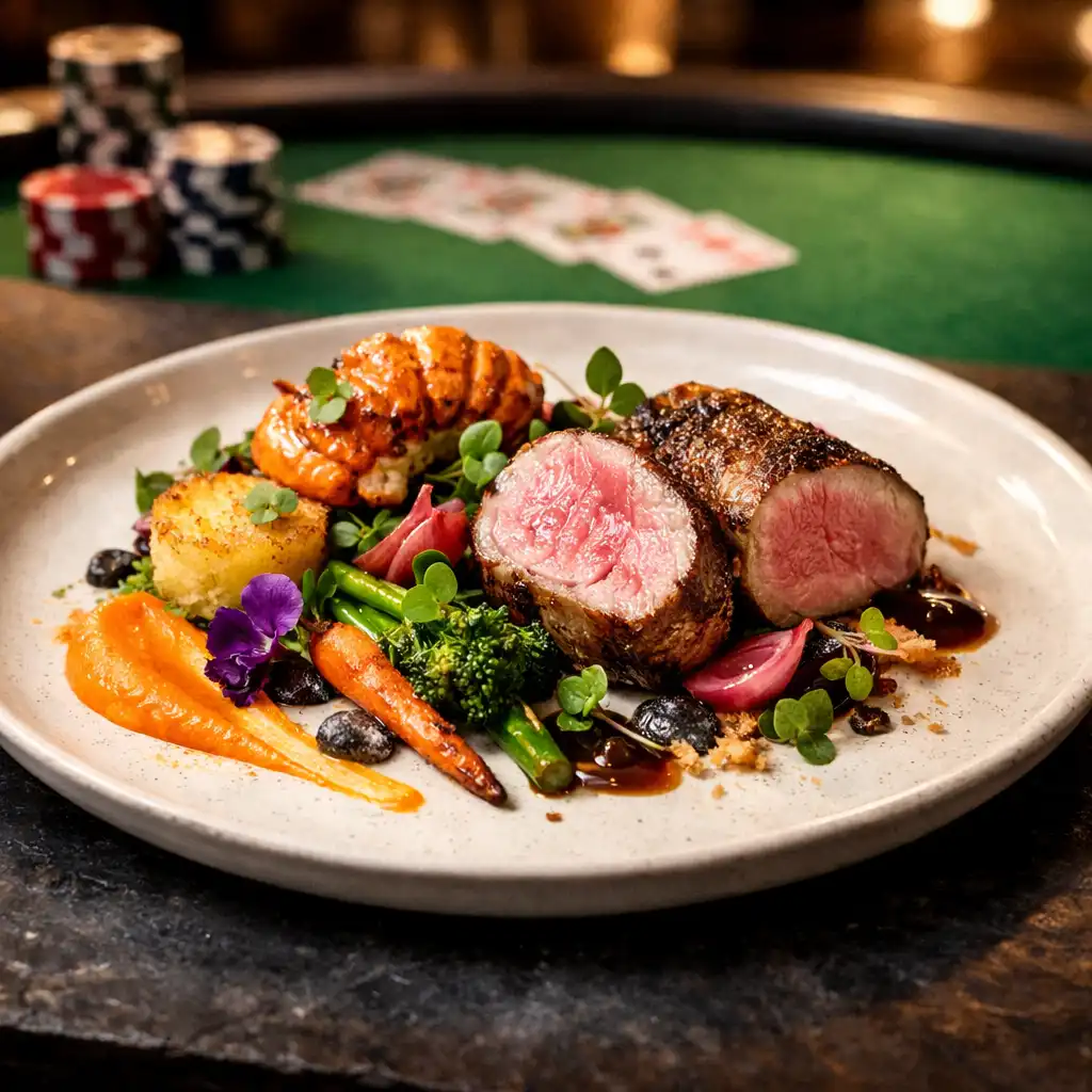 Beautifully plated gourmet dish on a dark slate table with a blurred poker table in the background