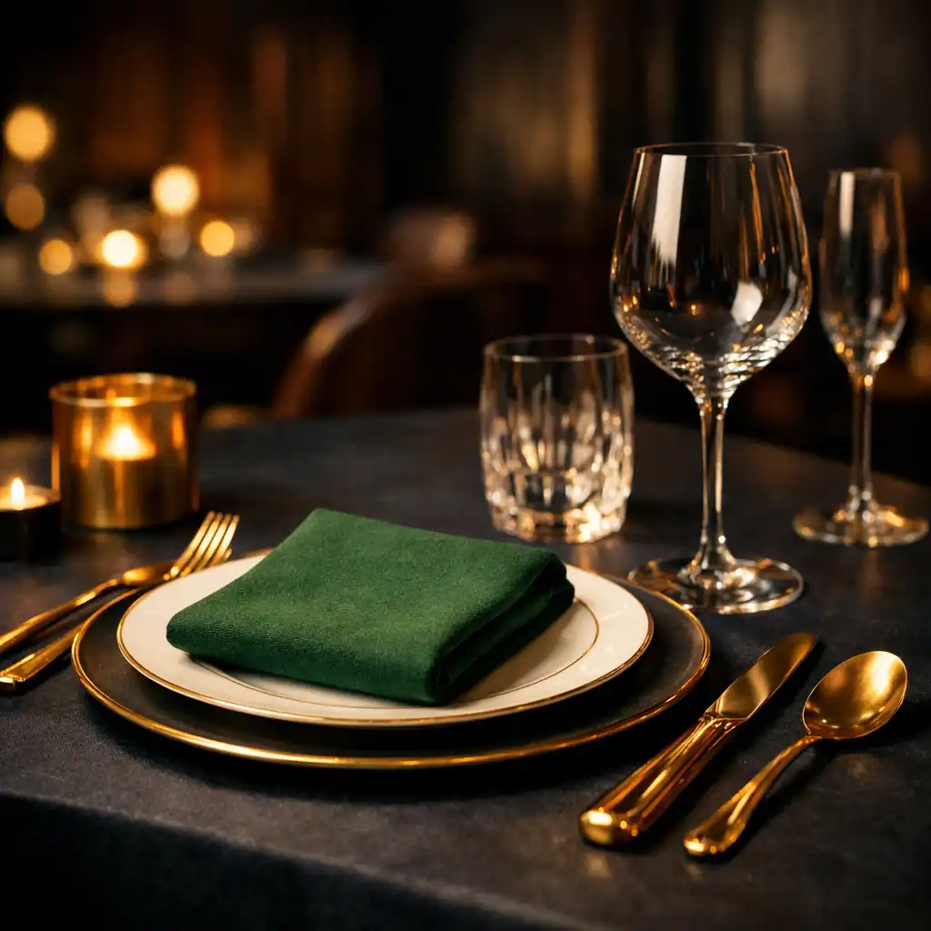 Elegant dining table setting with fine china, crystal glasses, and brass gold cutlery in a dark sophisticated restaurant