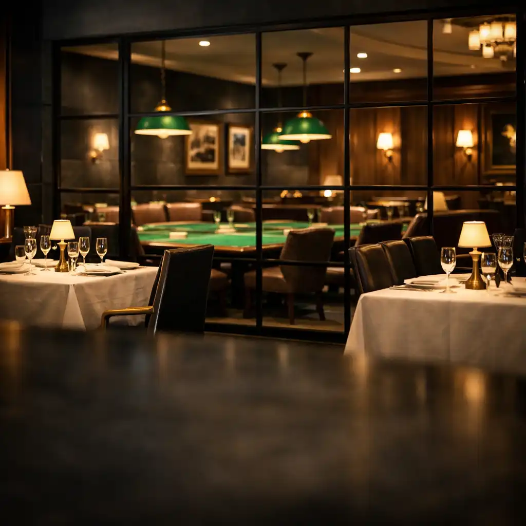 Elegant dining area with a view into the card lounge at Experto Card Lounge