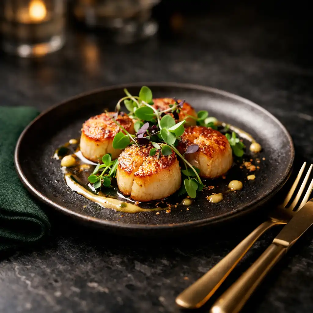 Beautifully plated gourmet dish with seared scallops on a dark slate table
