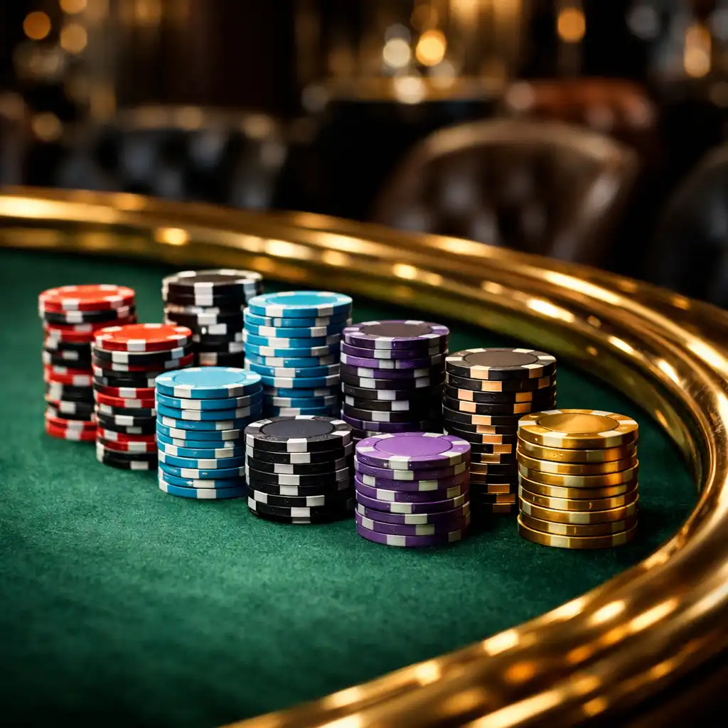 Close-up of a high roller poker table with rich green felt surface, brass gold rail, and premium tournament chips