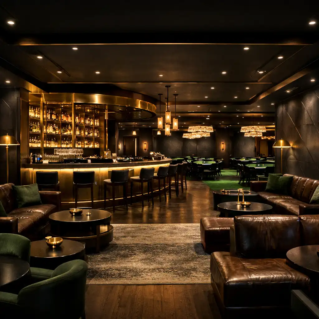 Wide-angle view of the main lounge area with a bar, comfortable seating, and poker tables in the distance