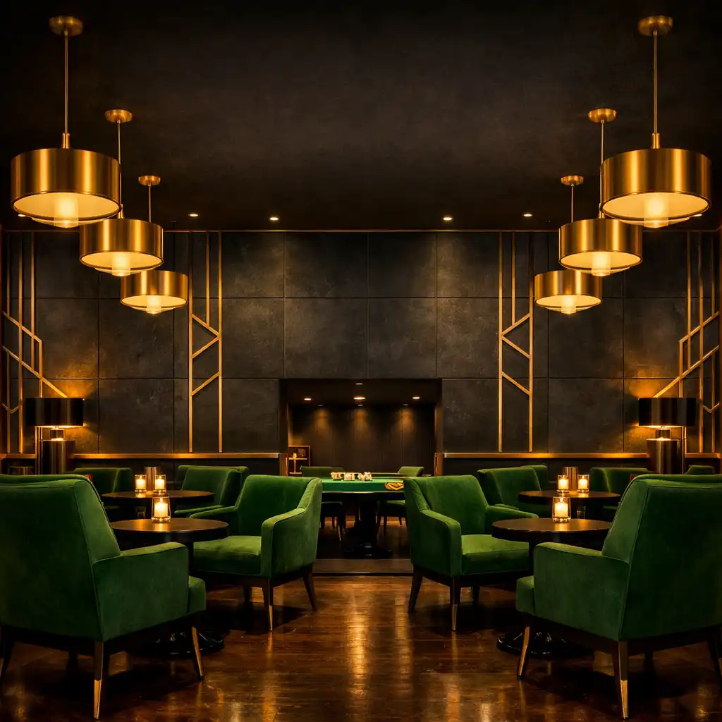 Sophisticated lounge interior at Experto Card Lounge with dark slate walls, brass accents, and felt green seating