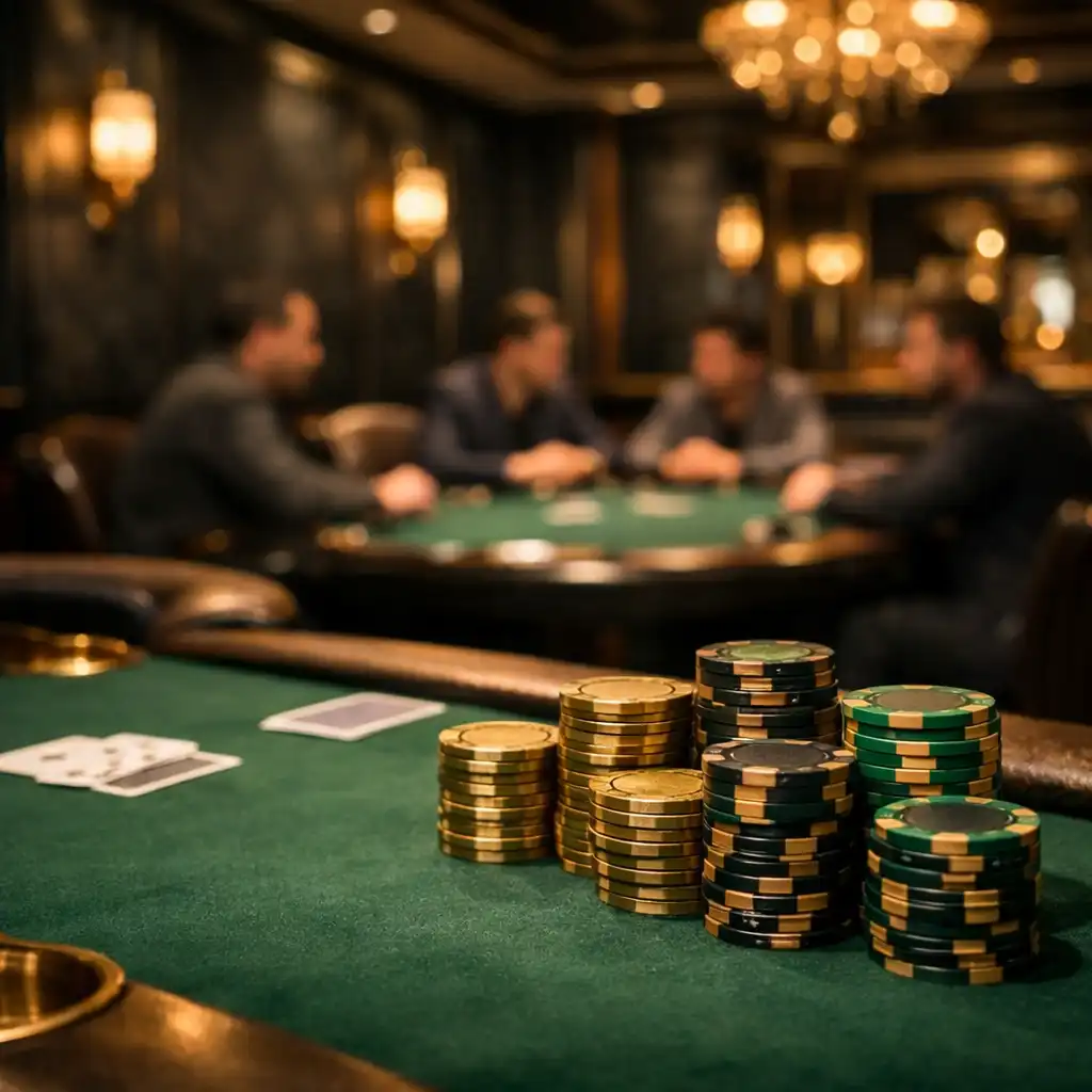 Luxurious offline poker card room with dark slate walls, brass gold accents, and felt green poker tables