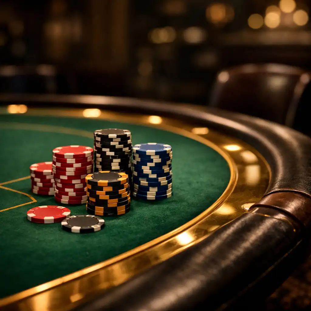 Close-up of a premium poker table with green felt, brass trim, and neatly arranged tournament chips