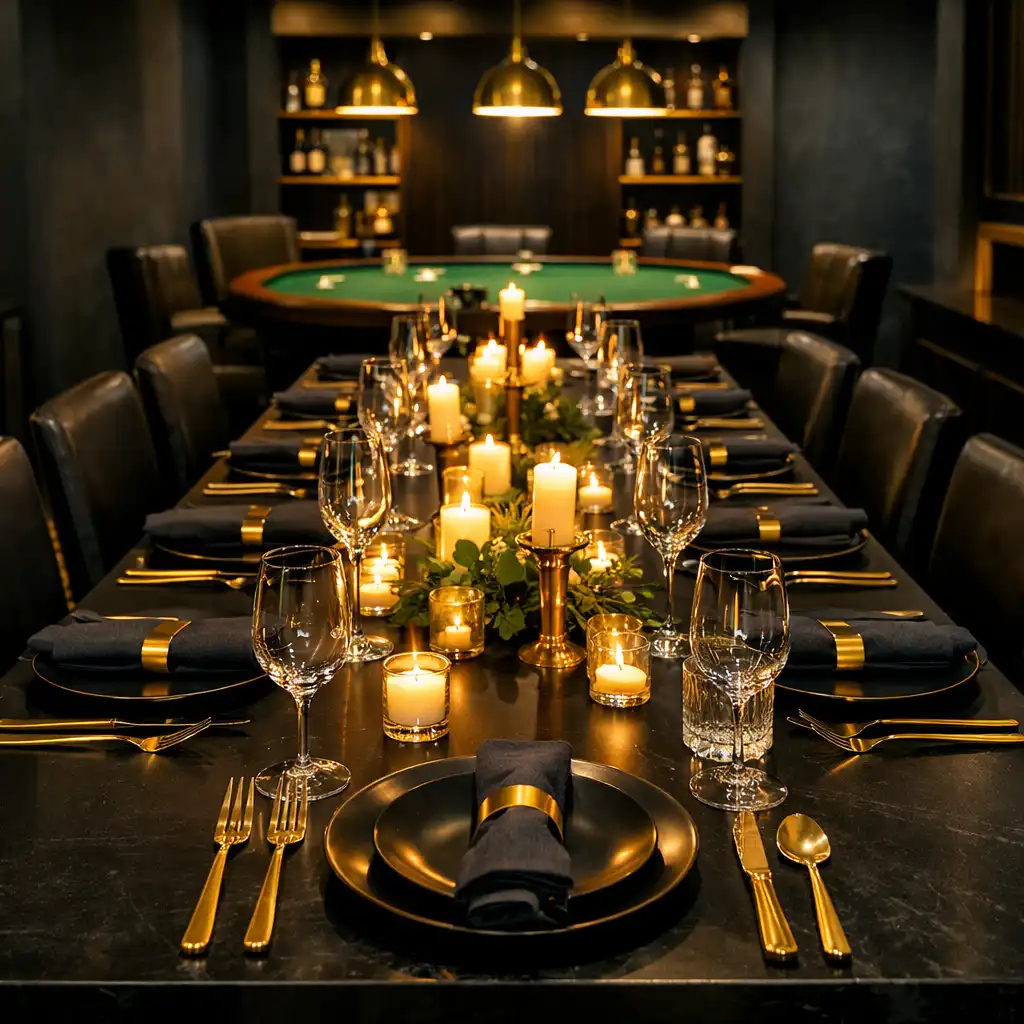Private event space with a long table, elegant place settings, and a poker table in the background