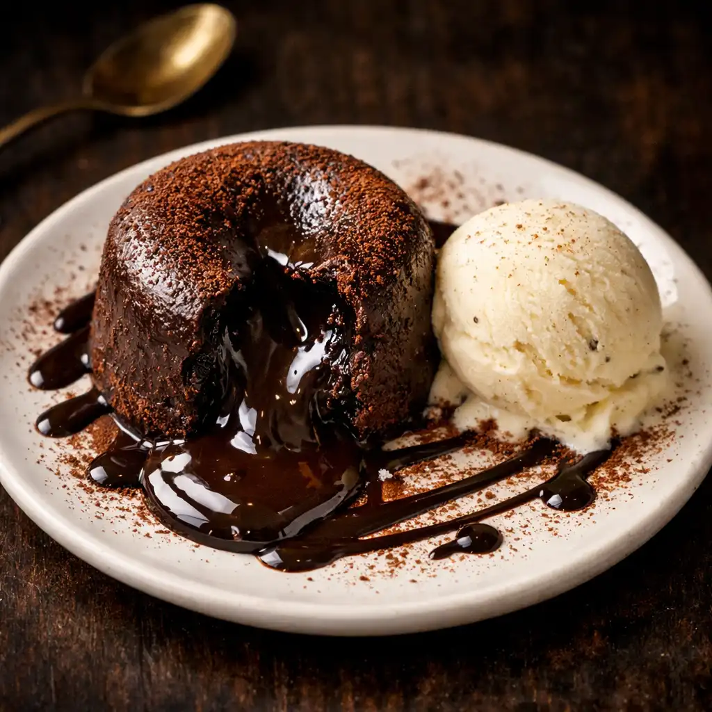 Dark Chocolate Fondant with molten center and vanilla bean ice cream