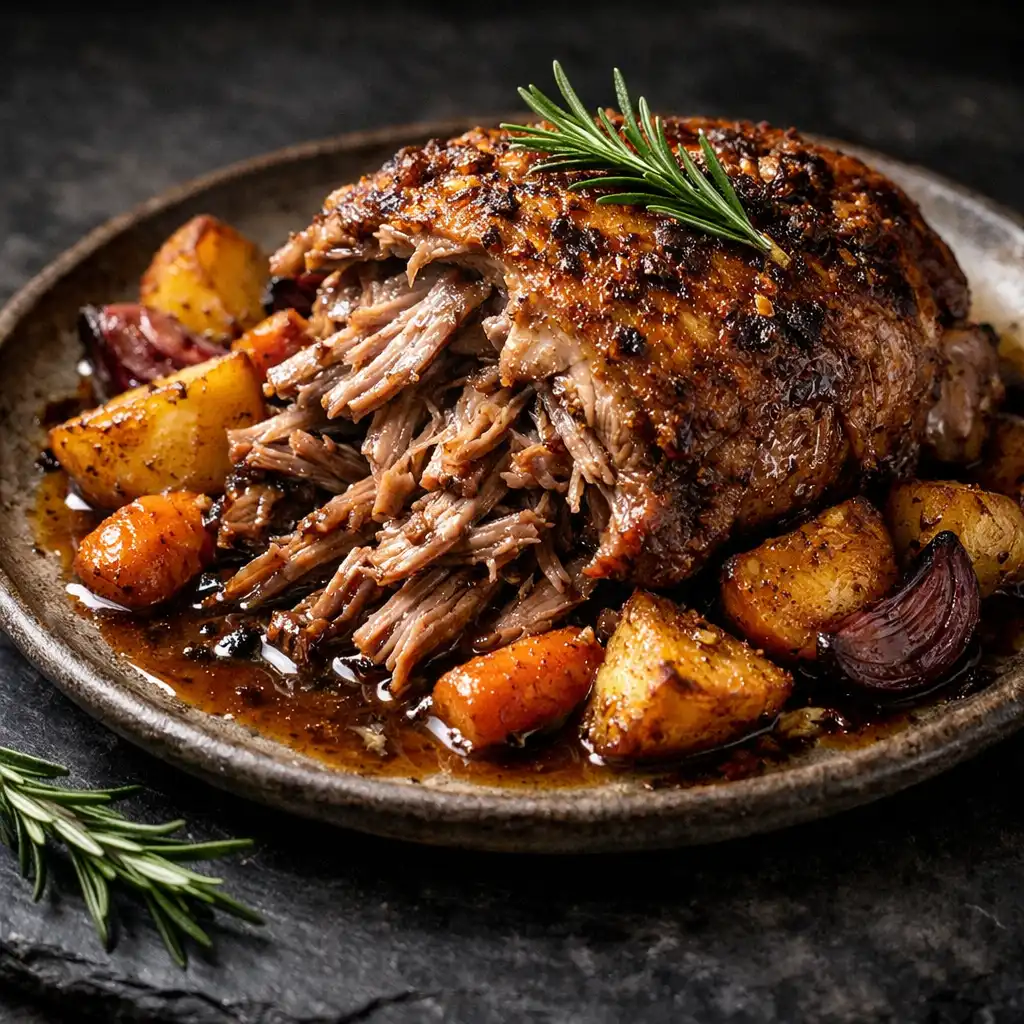 Slow-Roasted Lamb Shoulder with rosemary and roasted vegetables