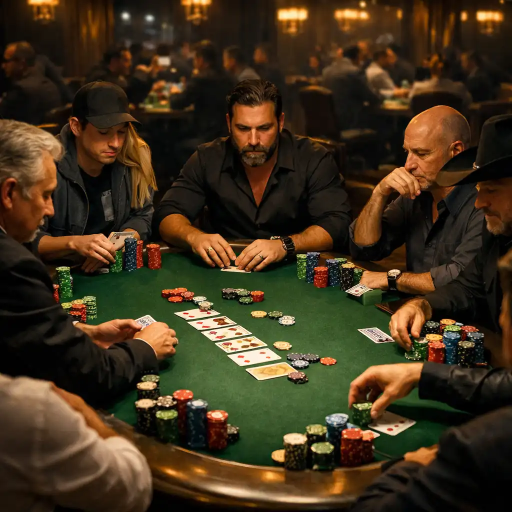 Texas Hold'em tournament in progress with players focused on their cards and stacks of tournament chips